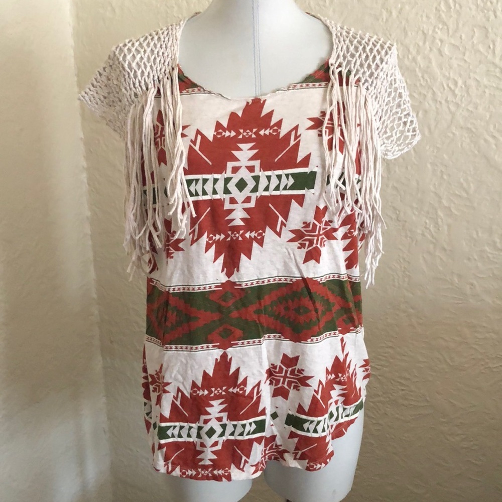 Denim and Supply Ralph Lauren Macrame Fringe Shirt Top Ivory Green Orange